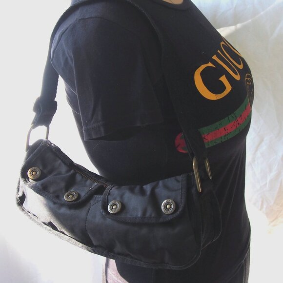 Gap Y2K Nylon Handbag Black/Orange Print Interior Mini Hobo Purse Shoulder Bag - Picture 4 of 16